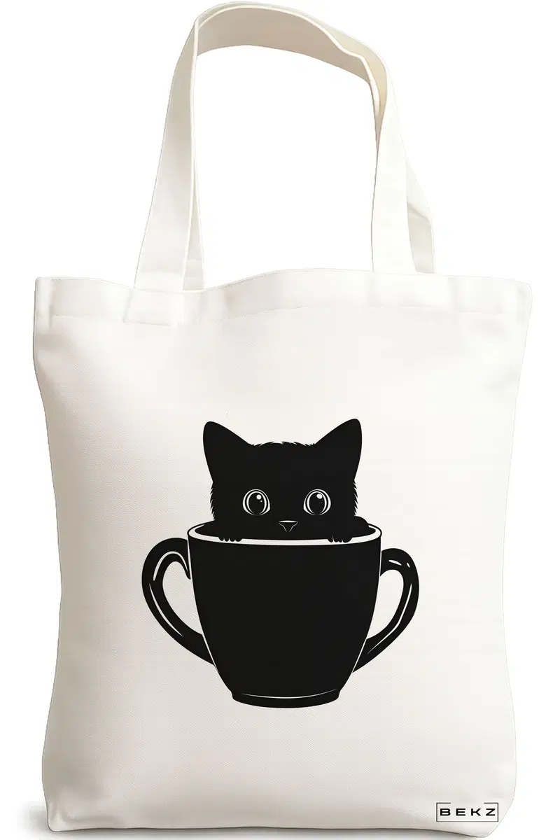Sacosa Cumparaturi Textila, Geanta Tote, model Caffeine Cat 15 38 x 34.5 cm, Alb, BEKZ®