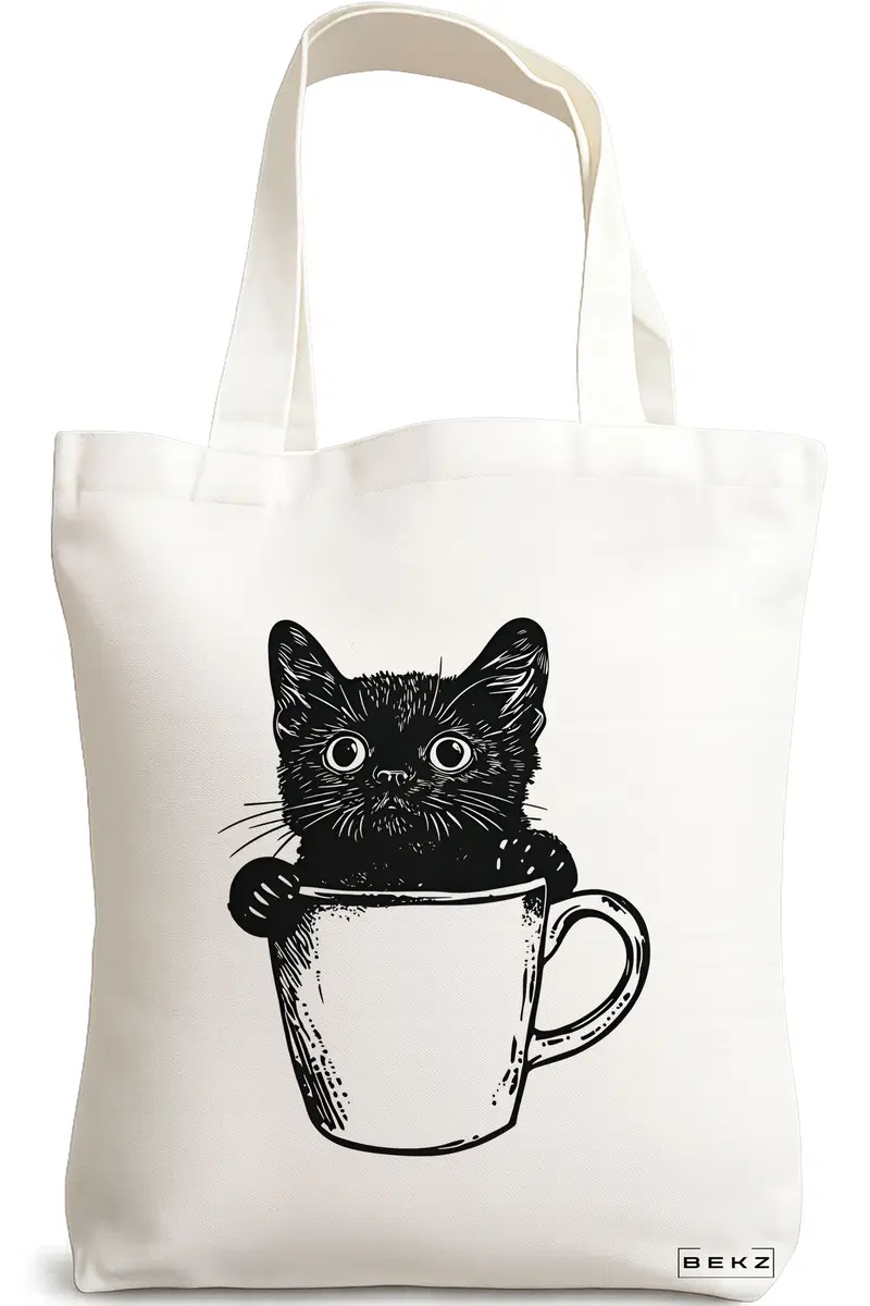 Sacosa Cumparaturi Textila, Geanta Tote, model Caffeine Cat 16 38 x 34.5 cm, Alb, BEKZ®