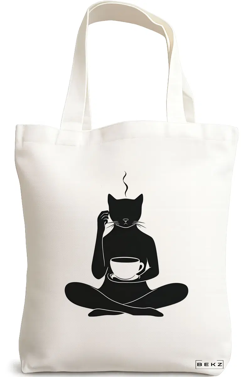 Sacosa Cumparaturi Textila, Geanta Tote, model Caffeine Cat 17 38 x 34.5 cm, Alb, BEKZ®