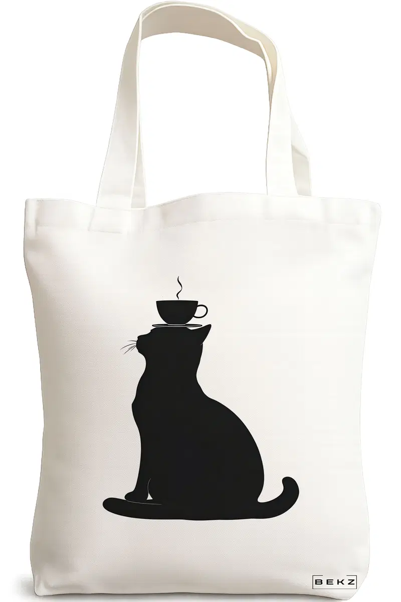 Sacosa Cumparaturi Textila, Geanta Tote, model Caffeine Cat 18 38 x 34.5 cm, Alb, BEKZ®