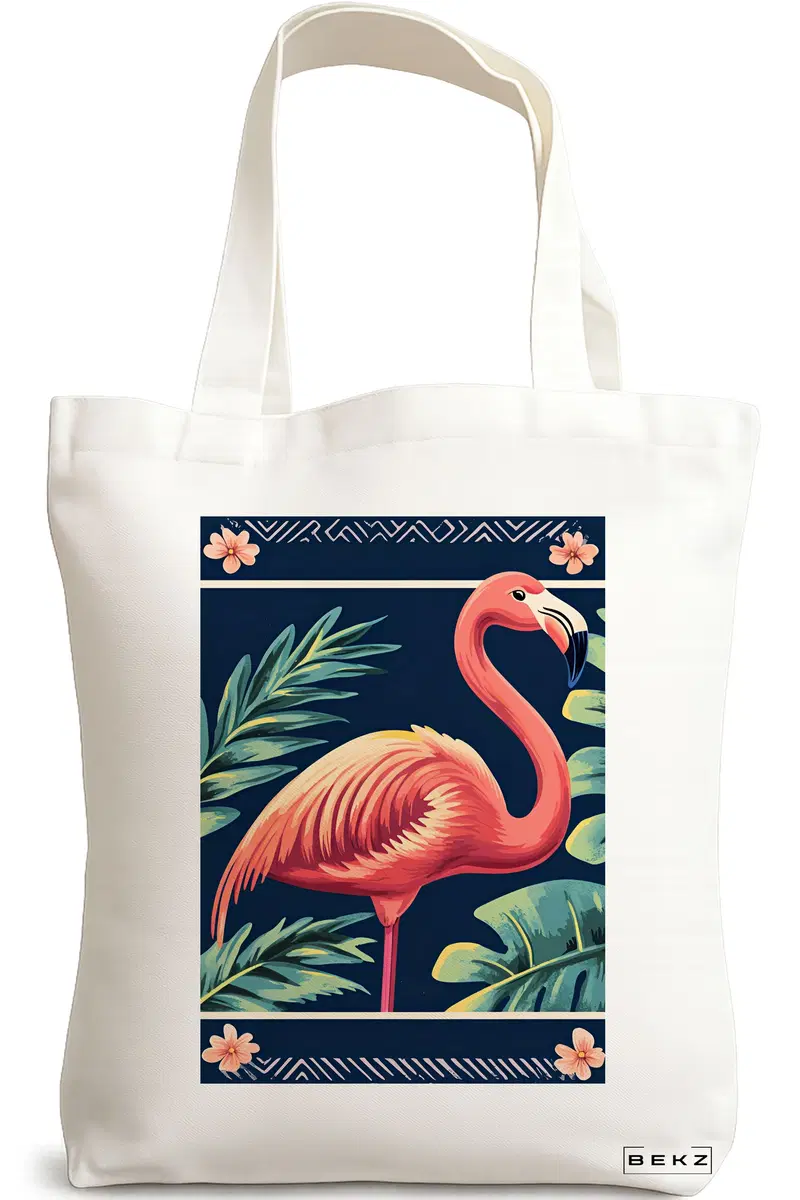 Sacosa Cumparaturi Textila, Geanta Tote, model Flamingo Paint 38 x 34.5 cm, Alb, BEKZ®