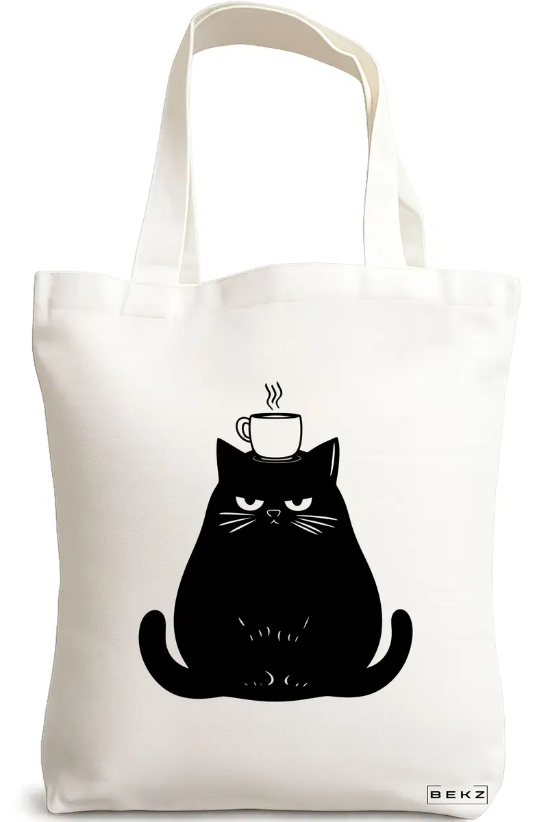 Sacosa Cumparaturi Textila, Geanta Tote, model Caffeine Cat 19 38 x 34.5 cm, Alb, BEKZ®
