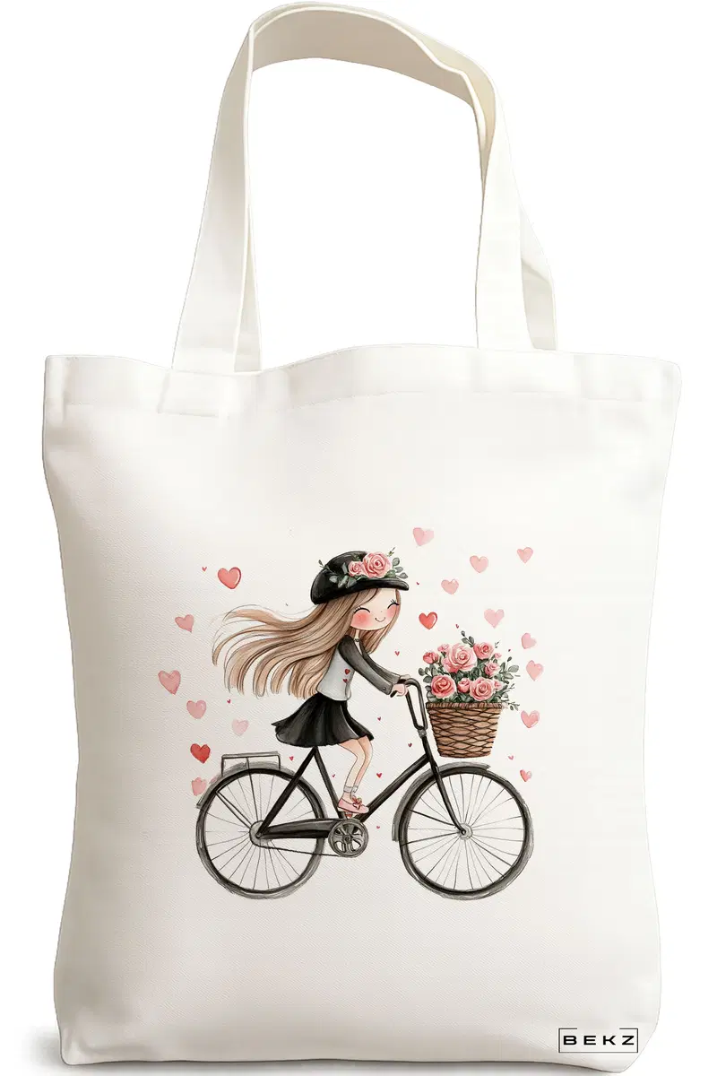 Sacosa Cumparaturi Textila, Geanta Tote, model Happy cycling girl 38 x 34.5 cm, Alb, BEKZ®
