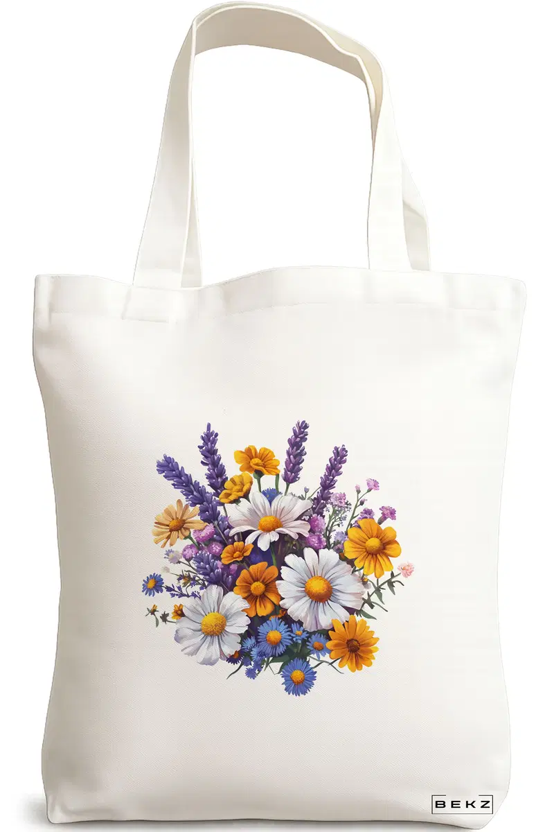 Sacosa Cumparaturi Textila, Geanta Tote, model Flowers 13 38 x 34.5 cm, Alb, BEKZ®