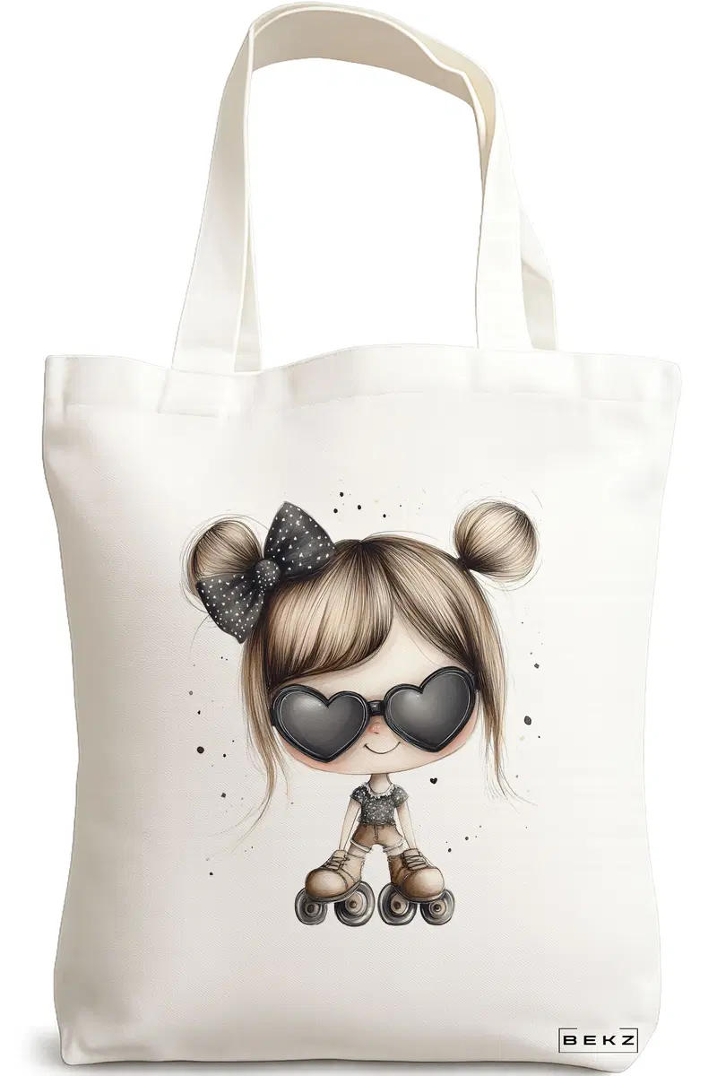 Sacosa Cumparaturi Textila, Geanta Tote, model The rolling girl 38 x 34.5 cm, Alb, BEKZ®