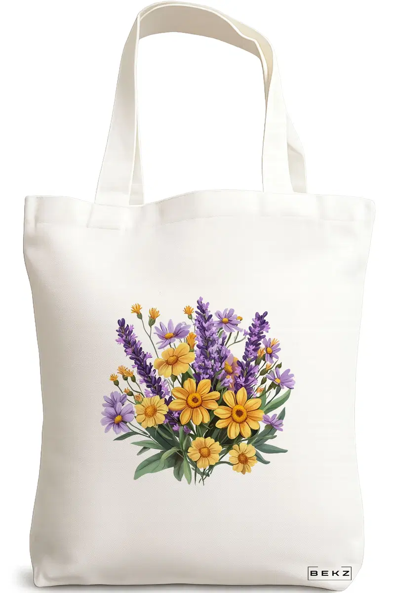 Sacosa Cumparaturi Textila, Geanta Tote, model Flowers 14 38 x 34.5 cm, Alb, BEKZ®