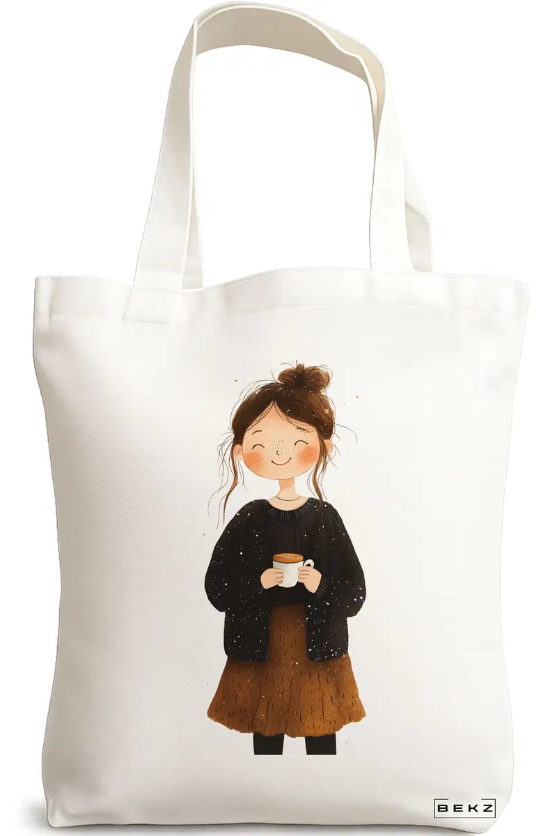 Sacosa Cumparaturi Textila, Geanta Tote, model The coffee girl 38 x 34.5 cm, Alb, BEKZ®