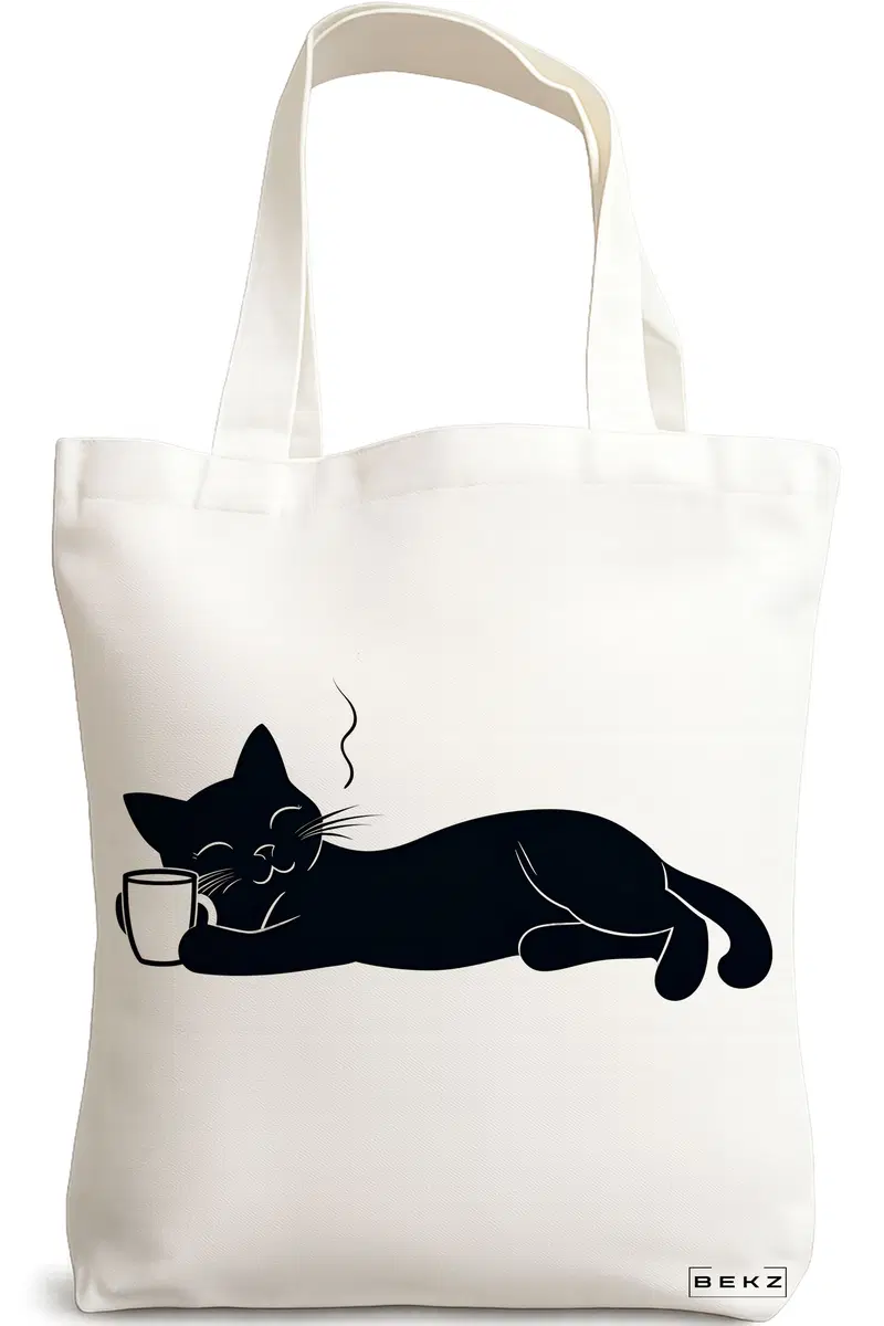 Sacosa Cumparaturi Textila, Geanta Tote, model Caffeine Cat 20 38 x 34.5 cm, Alb, BEKZ®