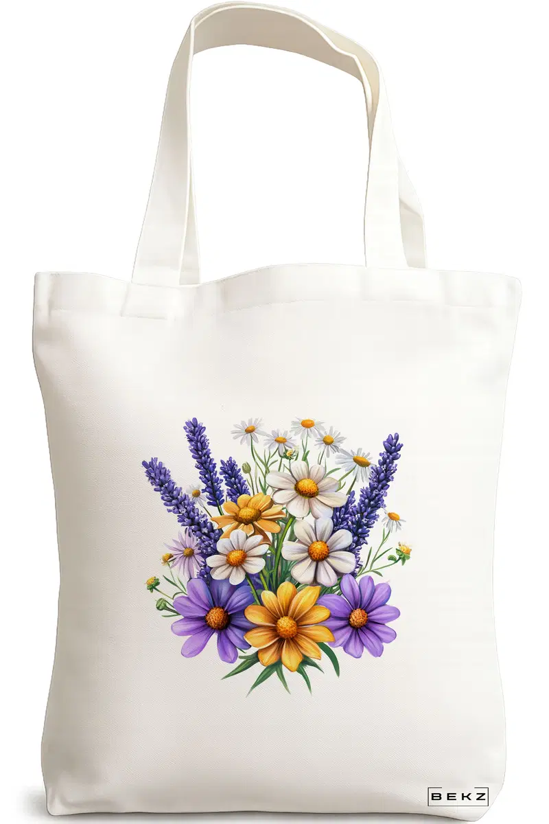 Sacosa Cumparaturi Textila, Geanta Tote, model Flowers 15 38 x 34.5 cm, Alb, BEKZ®