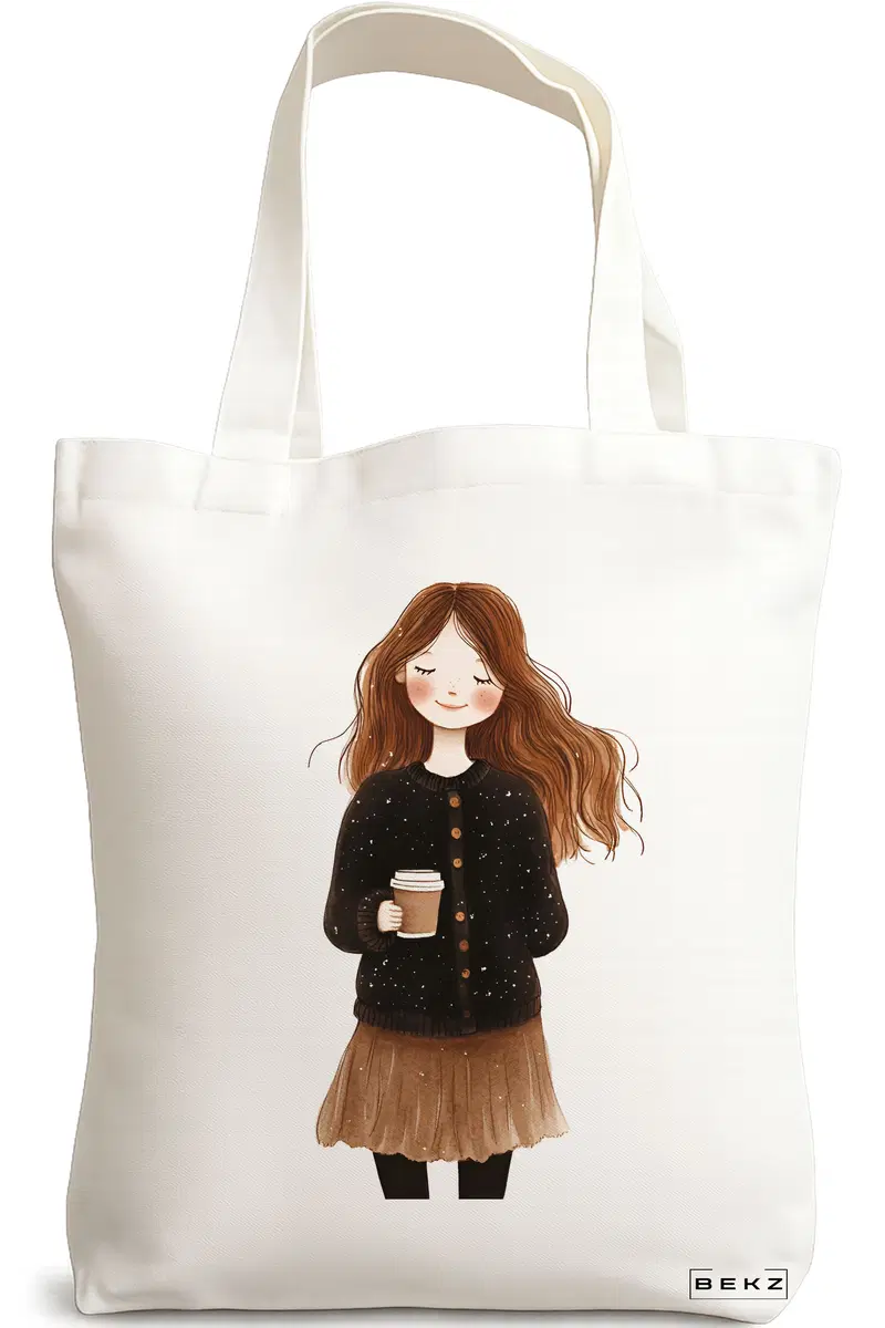 Sacosa Cumparaturi Textila, Geanta Tote, model The coffee girl 2 38 x 34.5 cm, Alb, BEKZ®