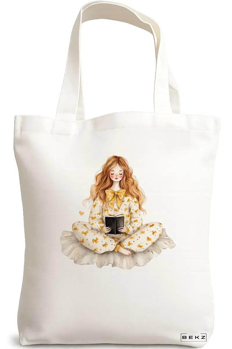 Sacosa Cumparaturi Textila, Geanta Tote, model The bookie girl 38 x 34.5 cm, Alb, BEKZ®