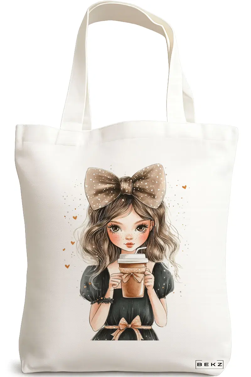 Sacosa Cumparaturi Textila, Geanta Tote, model The coffee girl 3 38 x 34.5 cm, Alb, BEKZ®