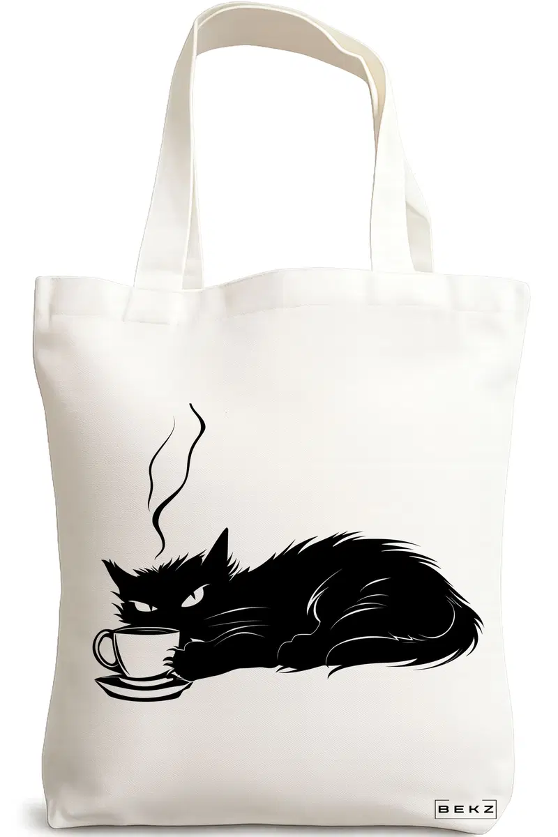 Sacosa Cumparaturi Textila, Geanta Tote, model Caffeine Cat 21 38 x 34.5 cm, Alb, BEKZ®