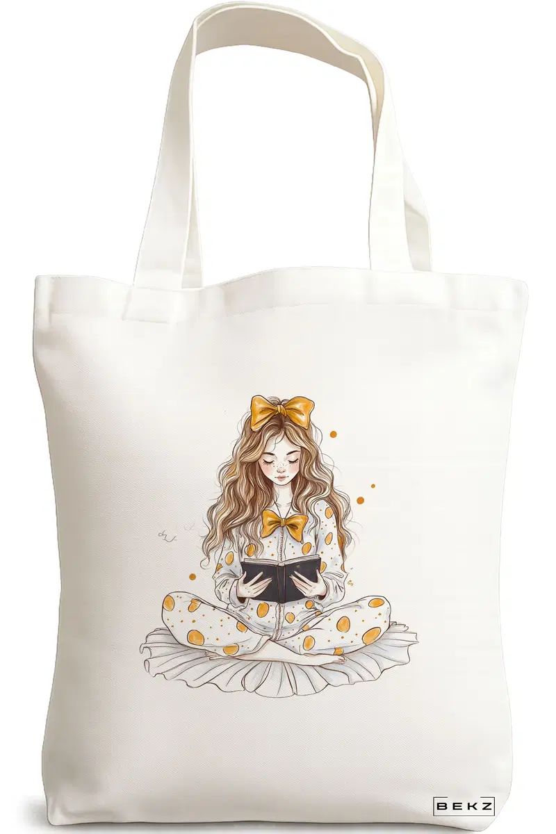 Sacosa Cumparaturi Textila, Geanta Tote, model The bookie girl 2 38 x 34.5 cm, Alb, BEKZ®