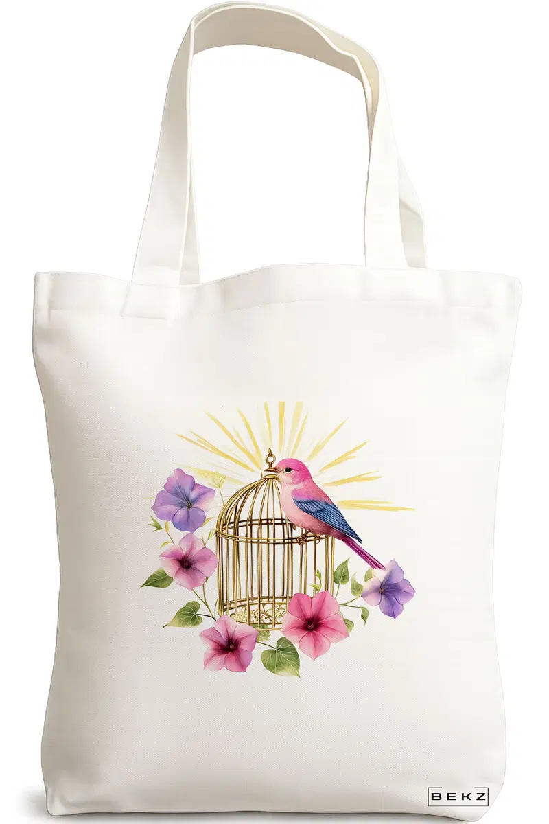 Sacosa Cumparaturi Textila, Geanta Tote, model Birdcage Blossom 38 x 34.5 cm, Alb, BEKZ®