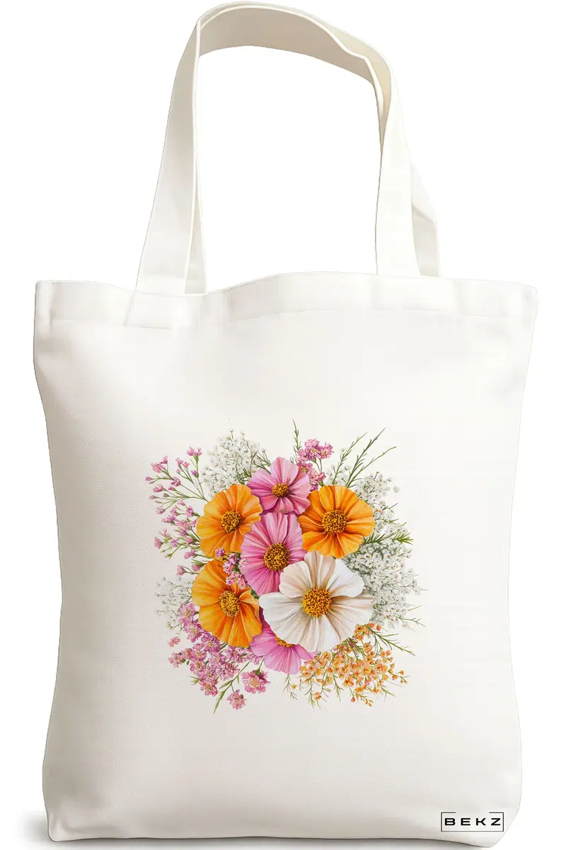 Sacosa Cumparaturi Textila, Geanta Tote, model Flowers 16 38 x 34.5 cm, Alb, BEKZ®