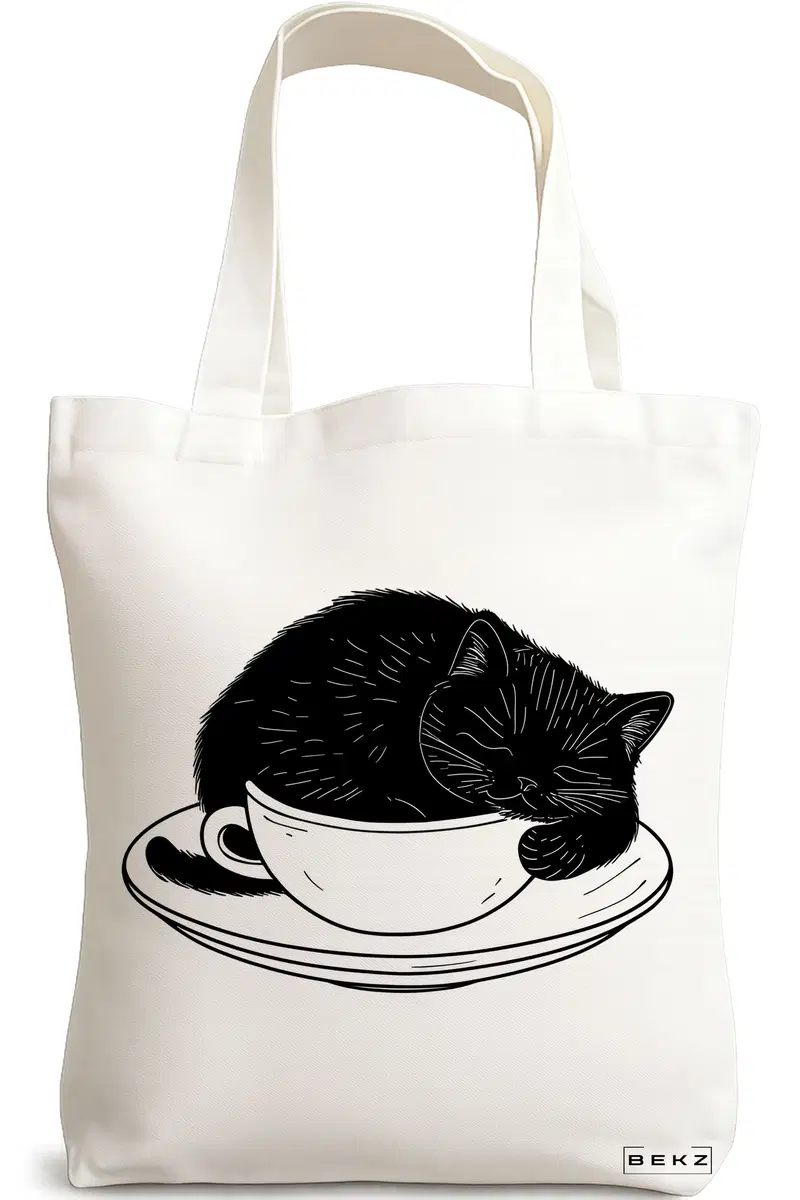 Sacosa Cumparaturi Textila, Geanta Tote, model Caffeine Cat 22 38 x 34.5 cm, Alb, BEKZ®