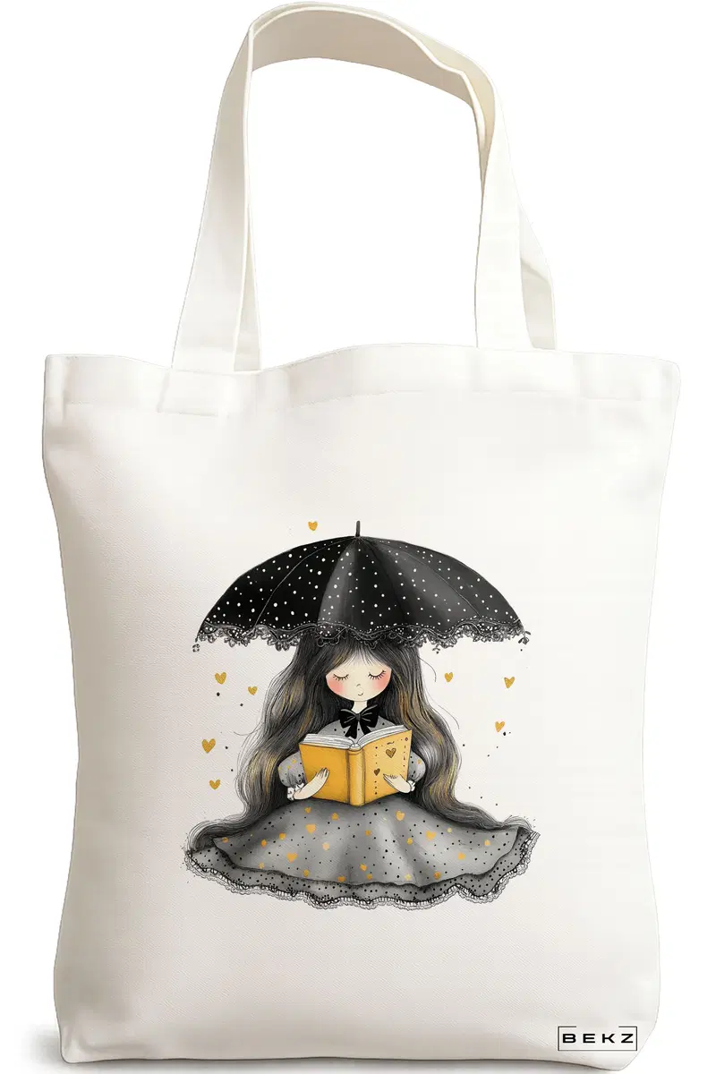 Sacosa Cumparaturi Textila, Geanta Tote, model The bookie girl 3 38 x 34.5 cm, Alb, BEKZ®