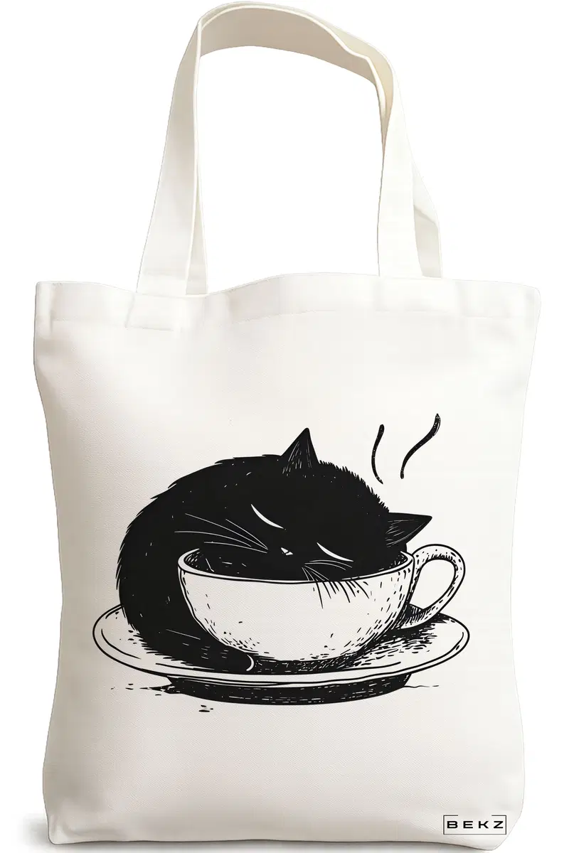 Sacosa Cumparaturi Textila, Geanta Tote, model Caffeine Cat 23 38 x 34.5 cm, Alb, BEKZ®