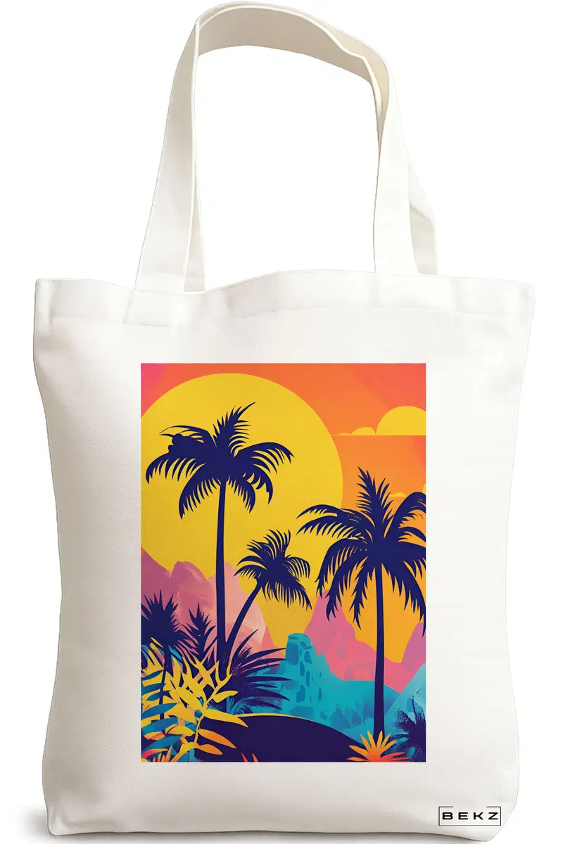 Sacosa Cumparaturi Textila, Geanta Tote, model Tropical Sunset 38 x 34.5 cm, Alb, BEKZ®