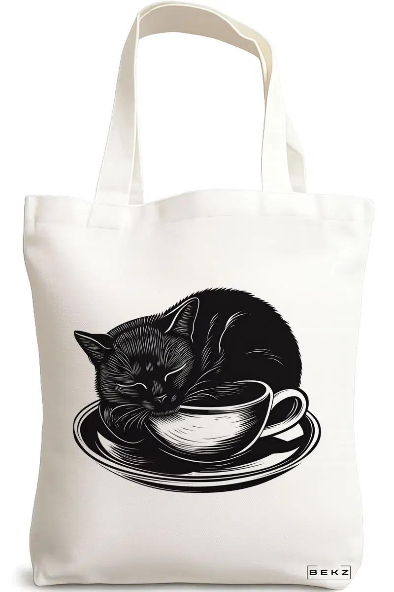 Sacosa Cumparaturi Textila, Geanta Tote, model Caffeine Cat 24 38 x 34.5 cm, Alb, BEKZ®