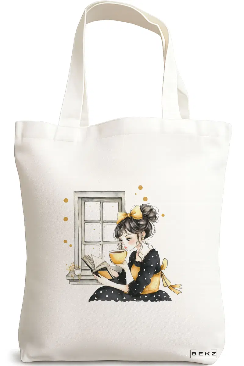 Sacosa Cumparaturi Textila, Geanta Tote, model The bookie girl 4 38 x 34.5 cm, Alb, BEKZ®