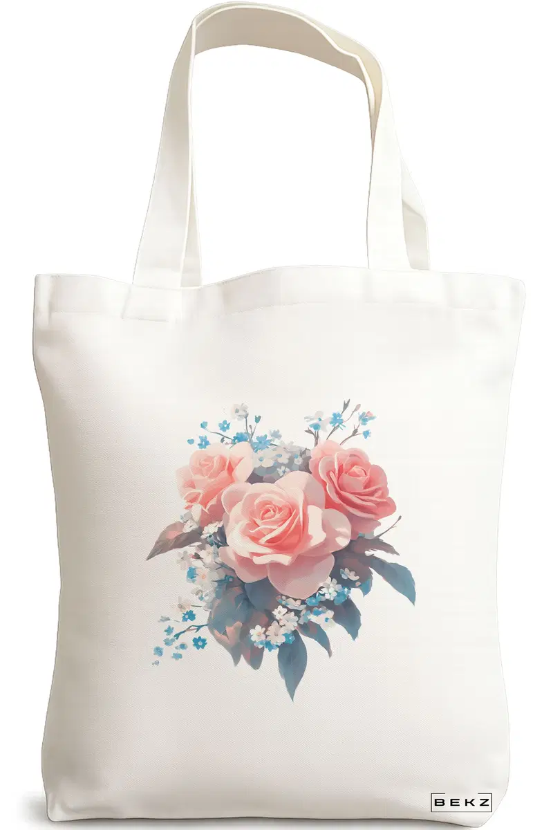 Sacosa Cumparaturi Textila, Geanta Tote, model Flowers 17 38 x 34.5 cm, Alb, BEKZ®