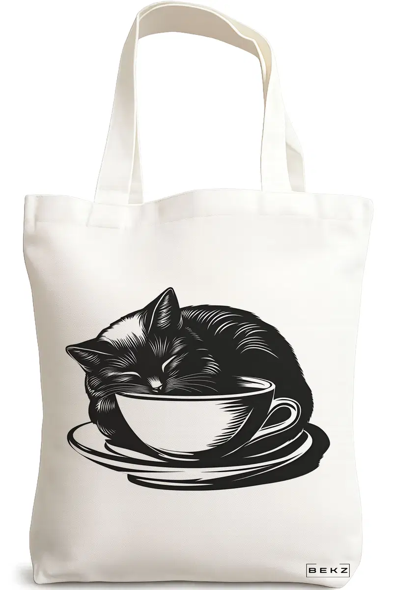 Sacosa Cumparaturi Textila, Geanta Tote, model Caffeine Cat 25 38 x 34.5 cm, Alb, BEKZ®