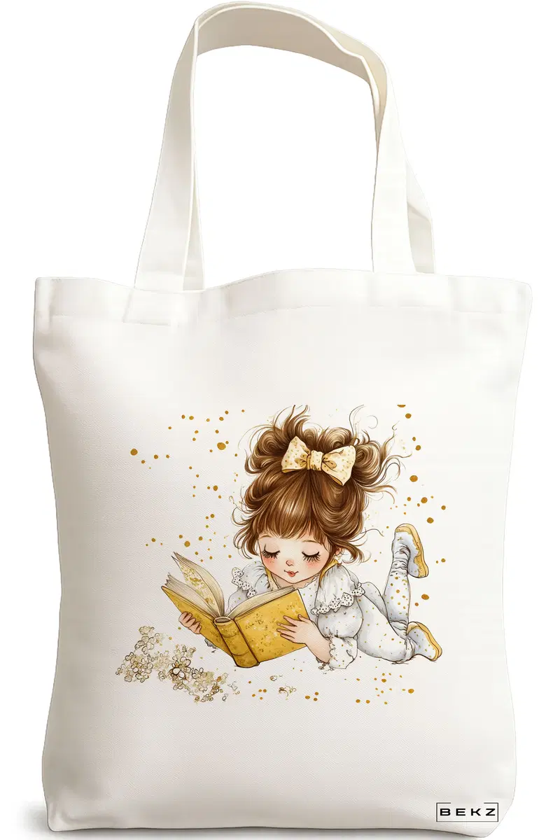 Sacosa Cumparaturi Textila, Geanta Tote, model The bookie girl 5 38 x 34.5 cm, Alb, BEKZ®