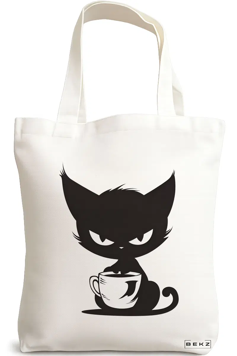 Sacosa Cumparaturi Textila, Geanta Tote, model Caffeine Cat 26 38 x 34.5 cm, Alb, BEKZ®