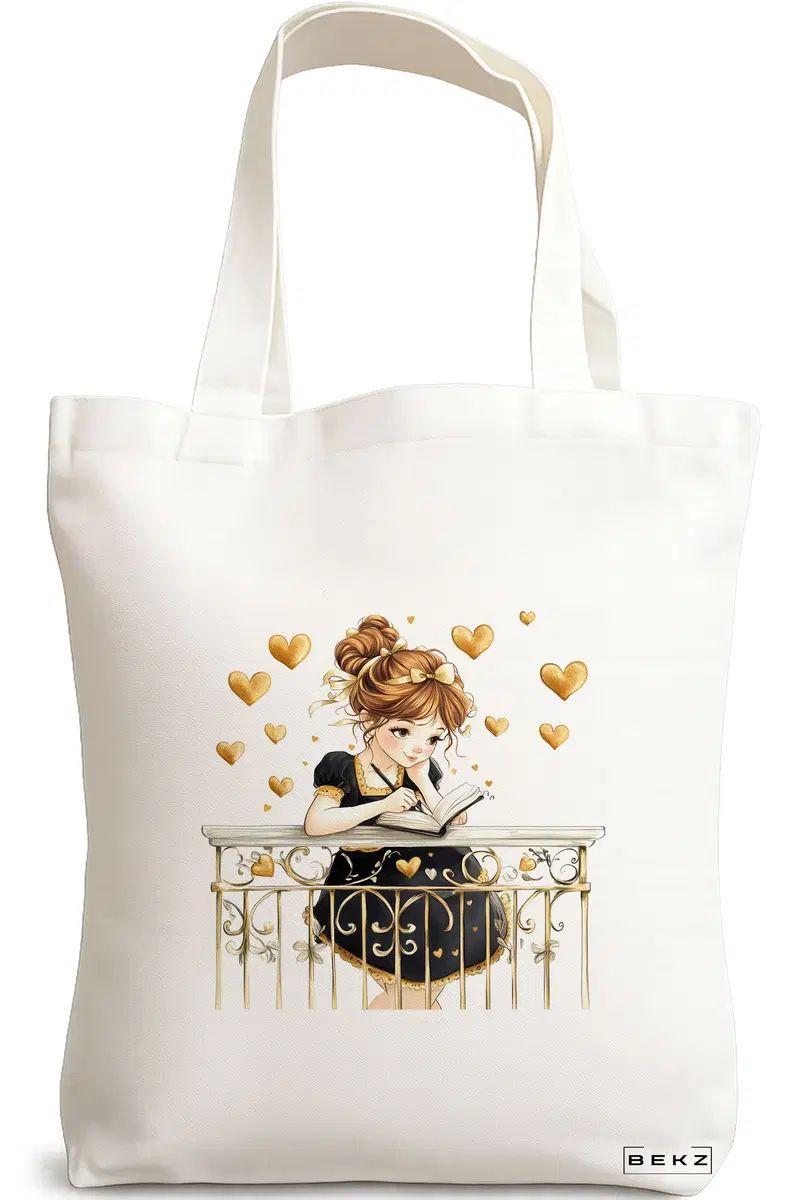 Sacosa Cumparaturi Textila, Geanta Tote, model The bookie girl 7 38 x 34.5 cm, Alb, BEKZ®