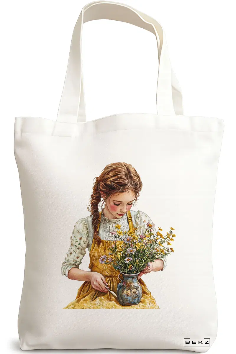 Sacosa Cumparaturi Textila, Geanta Tote, model The Girl with the flower pot 38 x 34.5 cm, Alb, BEKZ®