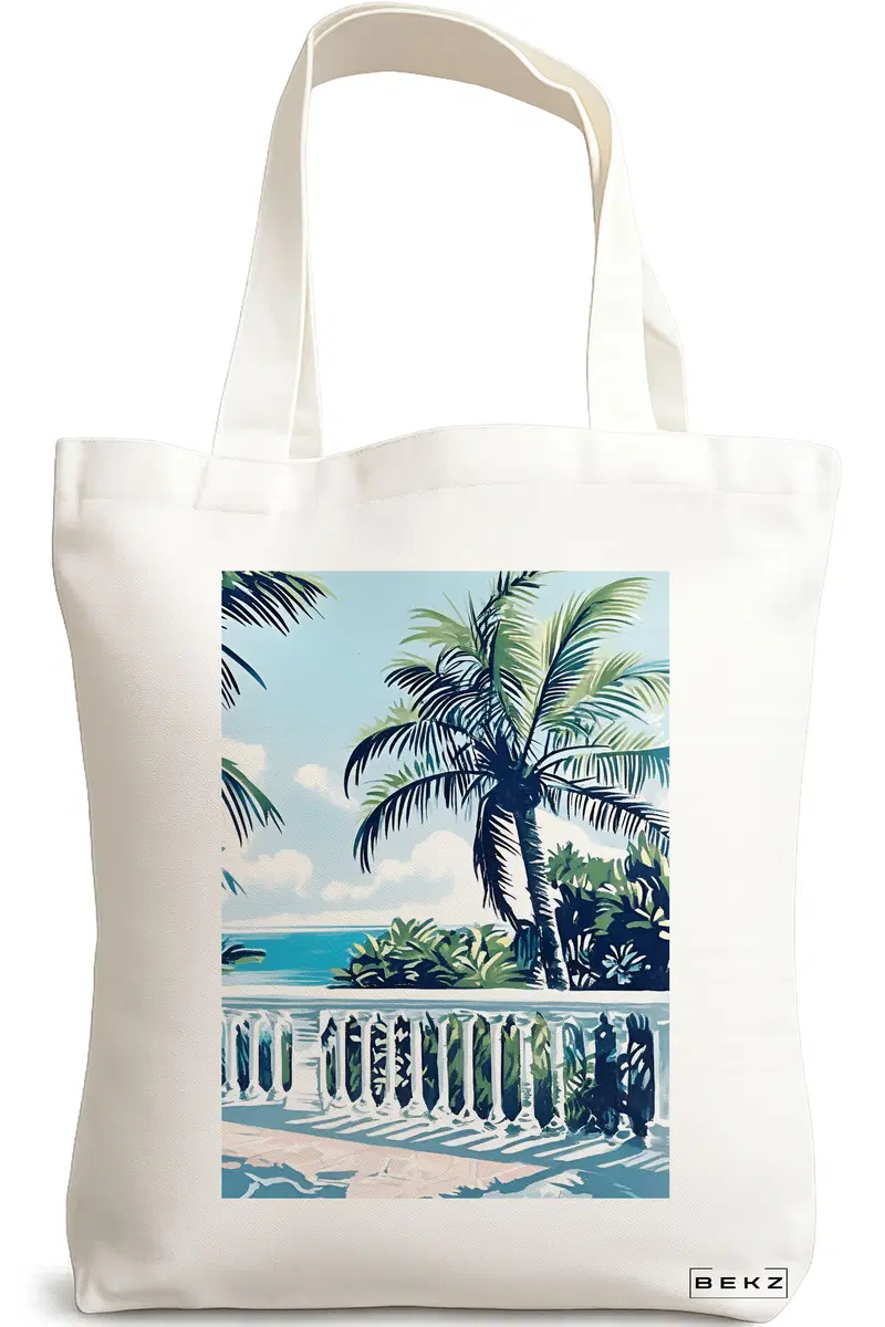 Sacosa Cumparaturi Textila, Geanta Tote, model Tropical Sunset 2 38 x 34.5 cm, Alb, BEKZ®