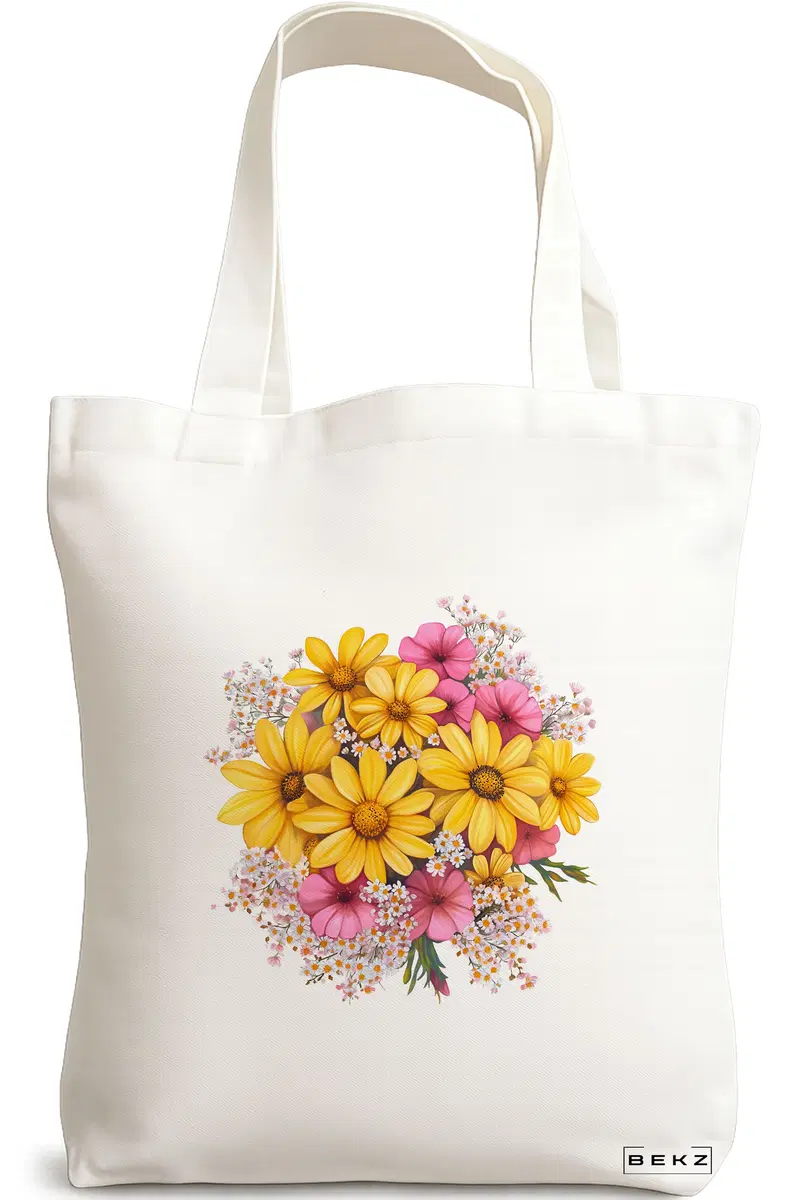 Sacosa Cumparaturi Textila, Geanta Tote, model Flowers 18 38 x 34.5 cm, Alb, BEKZ®