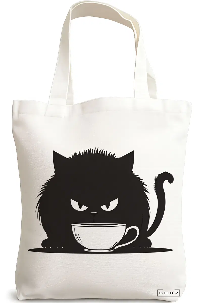 Sacosa Cumparaturi Textila, Geanta Tote, model Caffeine Cat 27 38 x 34.5 cm, Alb, BEKZ®
