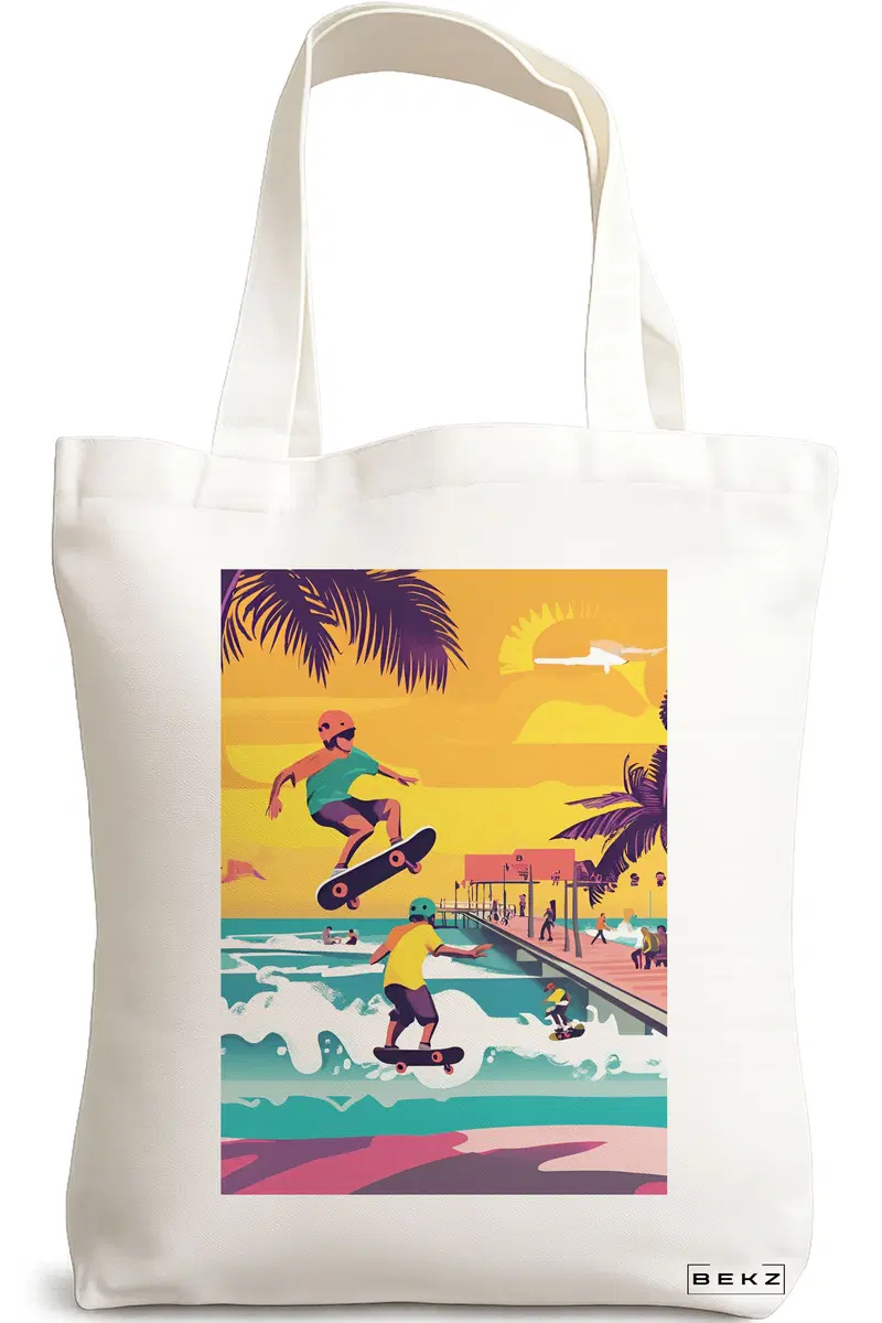 Sacosa Cumparaturi Textila, Geanta Tote, model Tropical Sunset 3 38 x 34.5 cm, Alb, BEKZ®