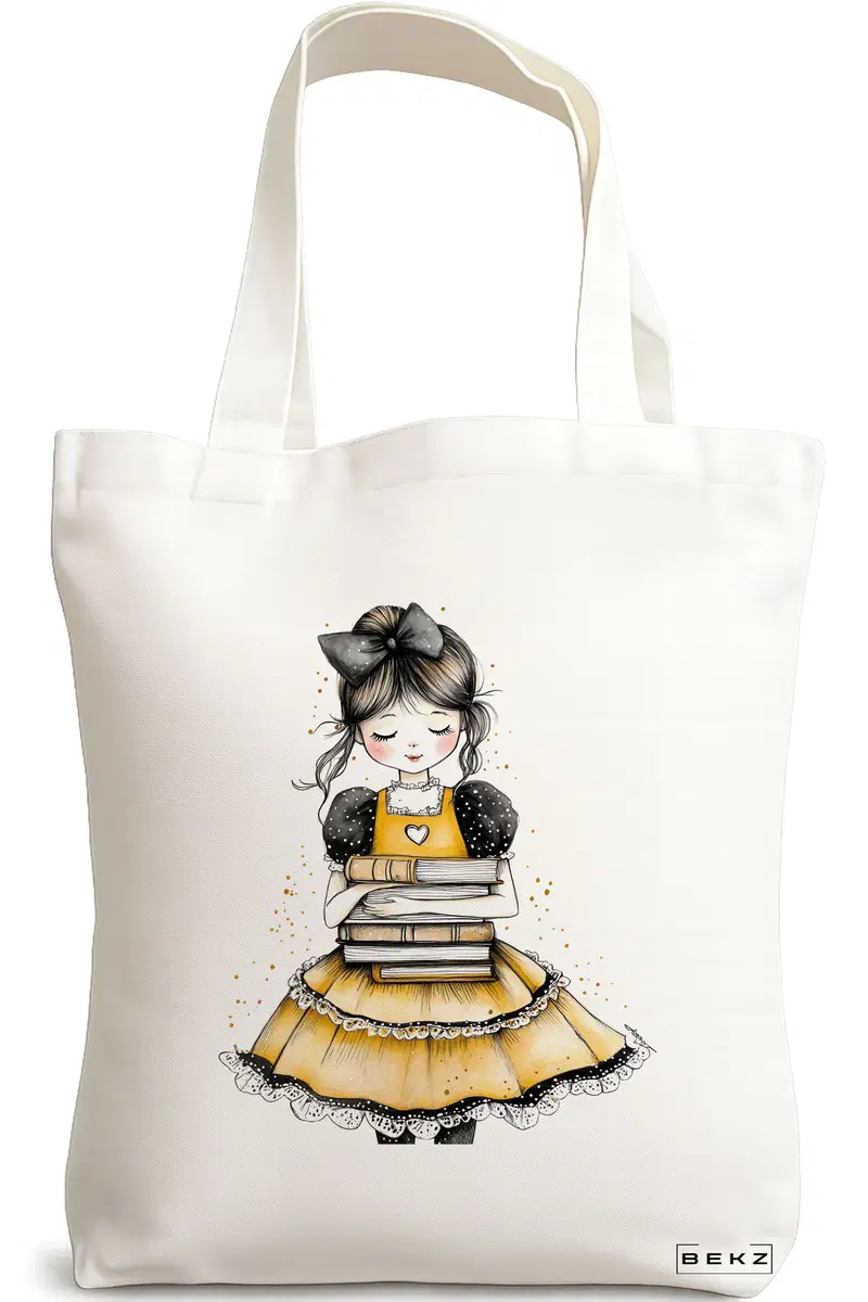 Sacosa Cumparaturi Textila, Geanta Tote, model The bookie girl 8 38 x 34.5 cm, Alb, BEKZ®