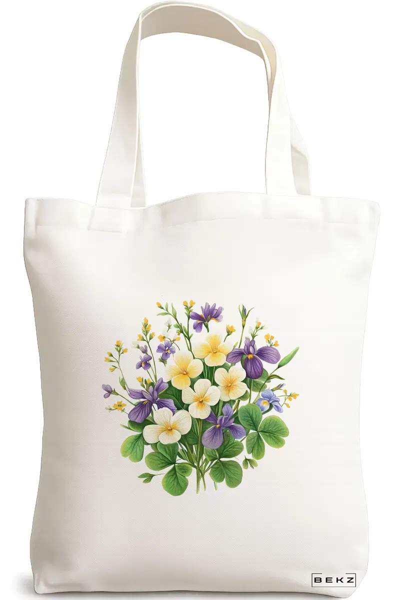 Sacosa Cumparaturi Textila, Geanta Tote, model Flowers 19 38 x 34.5 cm, Alb, BEKZ®