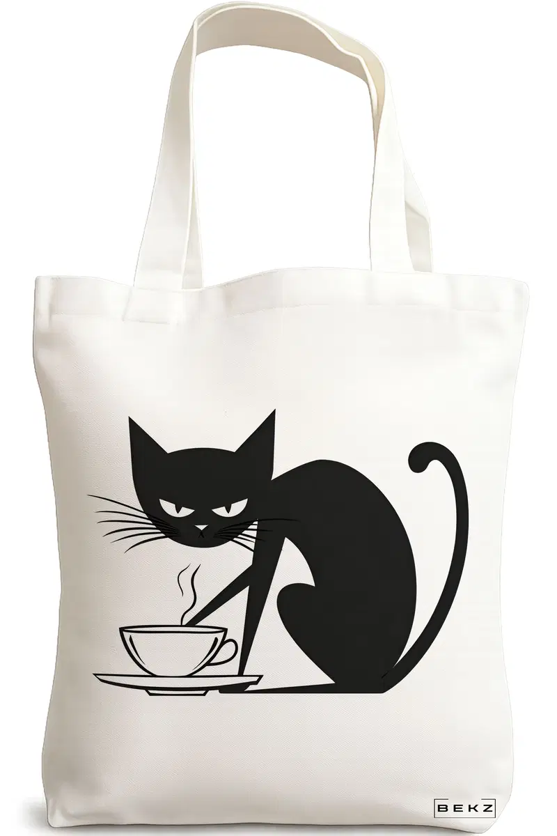 Sacosa Cumparaturi Textila, Geanta Tote, model Caffeine Cat 28 38 x 34.5 cm, Alb, BEKZ®