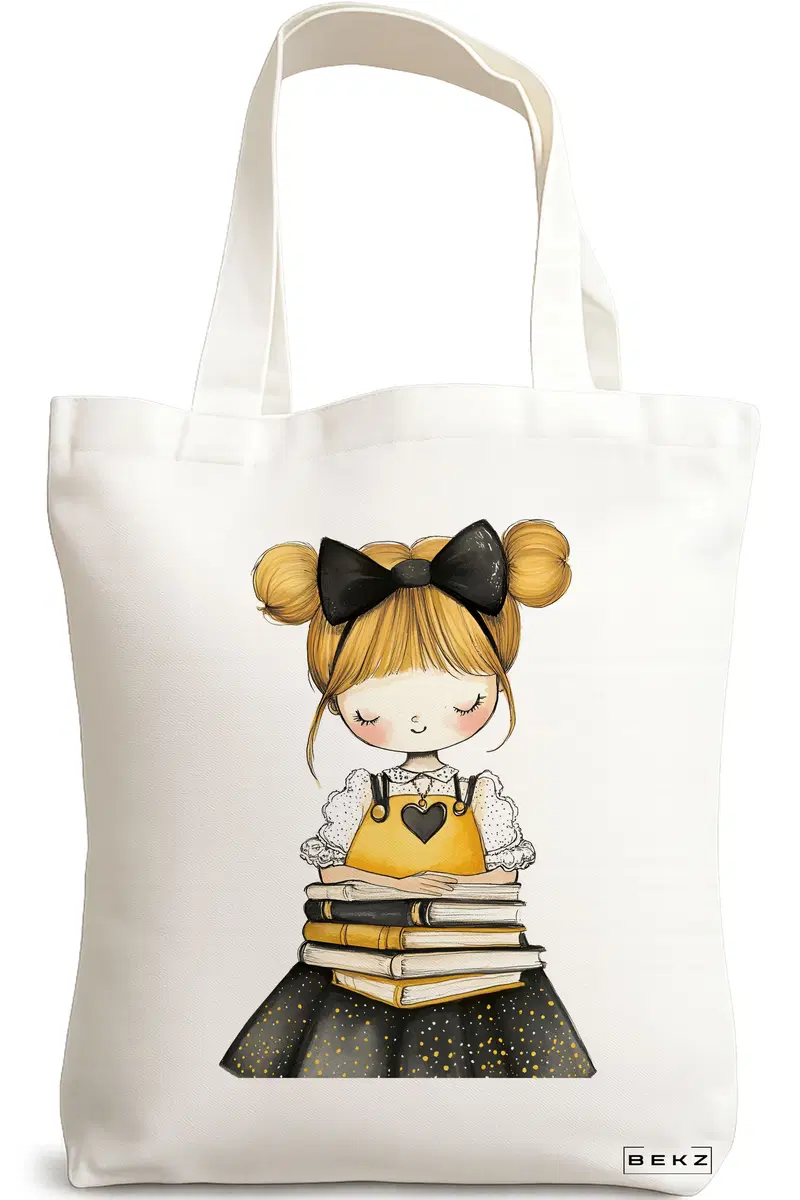 Sacosa Cumparaturi Textila, Geanta Tote, model The bookie girl 9 38 x 34.5 cm, Alb, BEKZ®