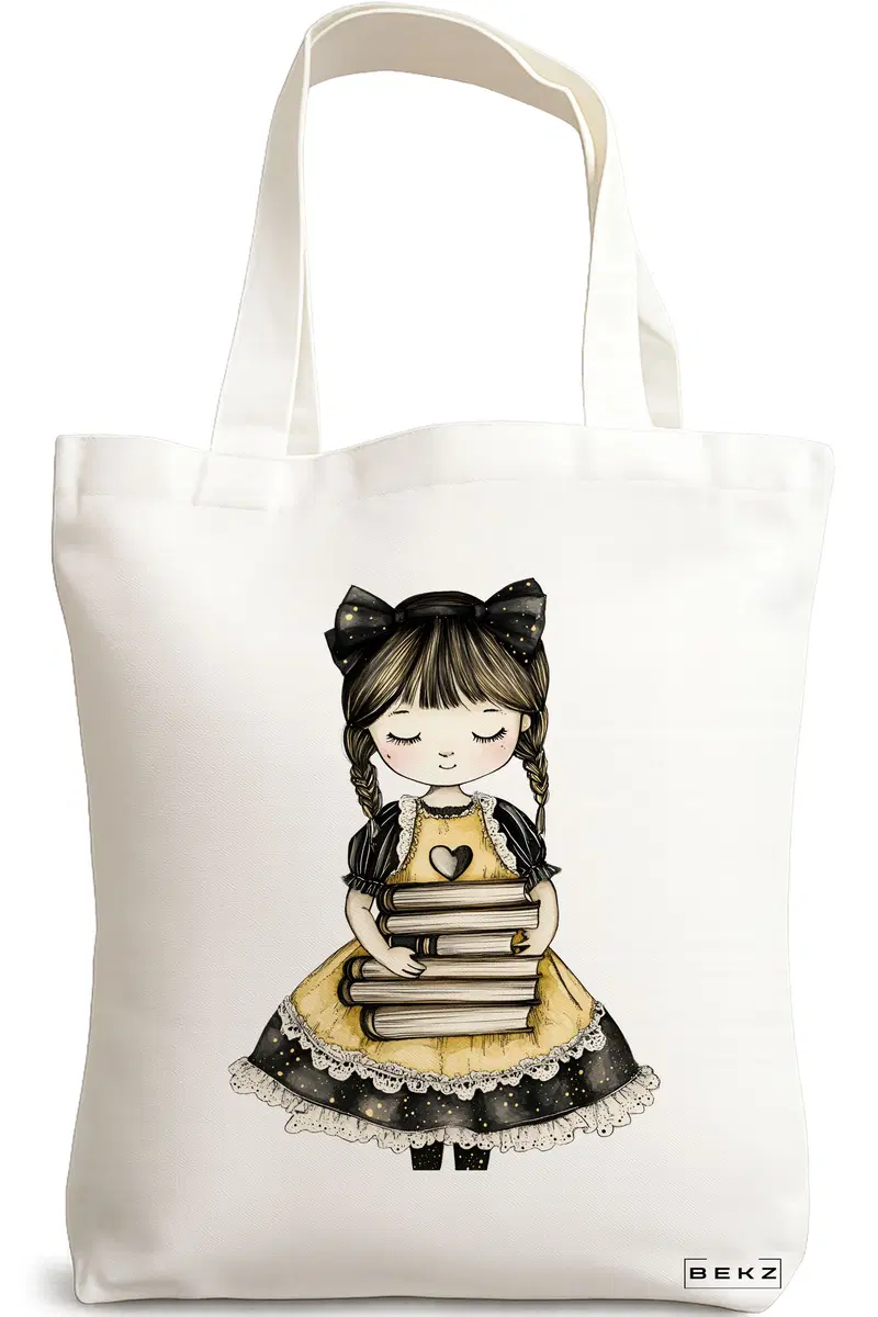 Sacosa Cumparaturi Textila, Geanta Tote, model The bookie girl 10 38 x 34.5 cm, Alb, BEKZ®