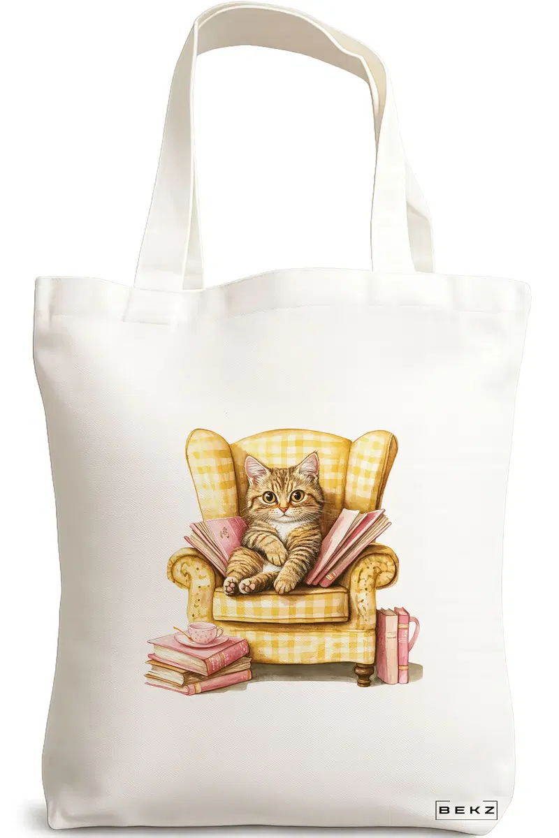 Sacosa Cumparaturi Textila, Geanta Tote, model Reading cat 6 38 x 34.5 cm, Alb, BEKZ®
