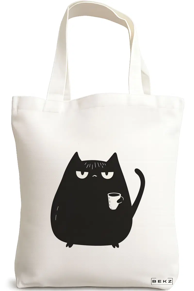 Sacosa Cumparaturi Textila, Geanta Tote, model Caffeine Cat 29 38 x 34.5 cm, Alb, BEKZ®