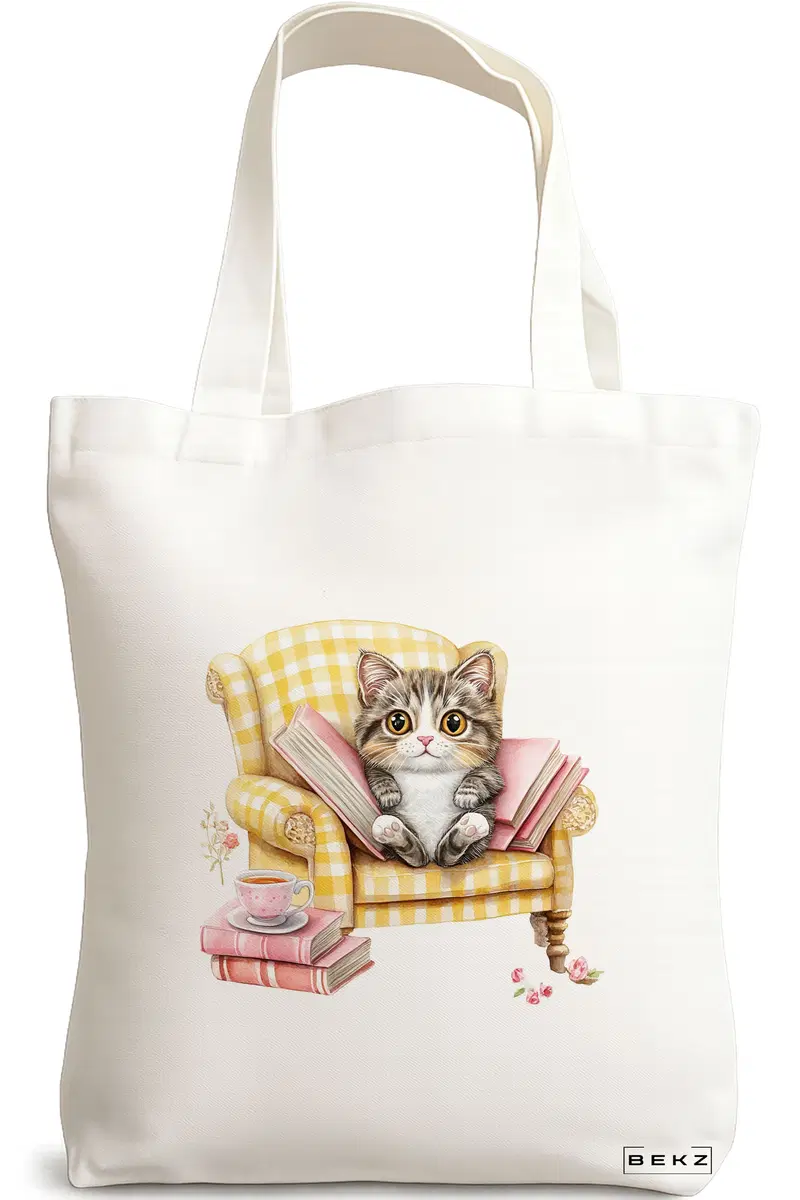 Sacosa Cumparaturi Textila, Geanta Tote, model Reading cat 7 38 x 34.5 cm, Alb, BEKZ®