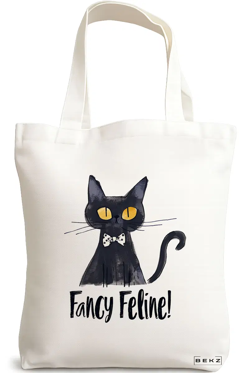 Sacosa Cumparaturi Textila, Geanta Tote, model Fancy Feline 38 x 34.5 cm, Alb, BEKZ®