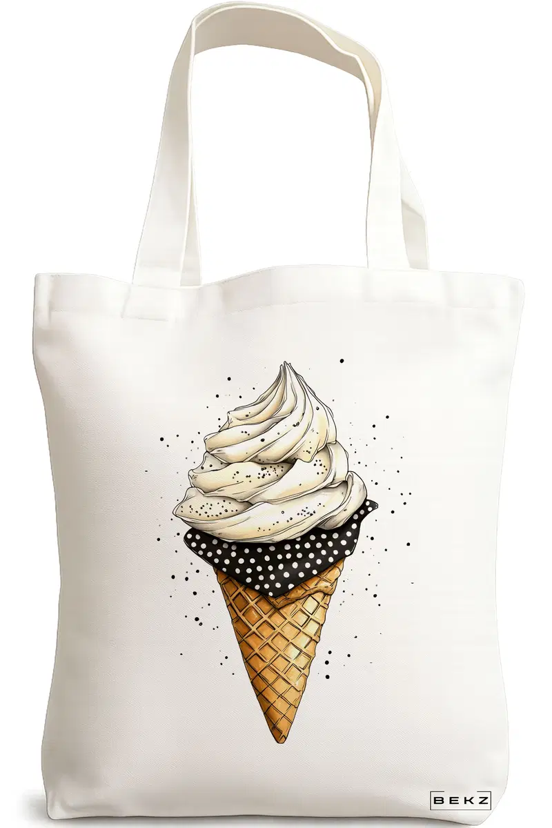 Sacosa Cumparaturi Textila, Geanta Tote, model Stlish Ice cream 38 x 34.5 cm, Alb, BEKZ®