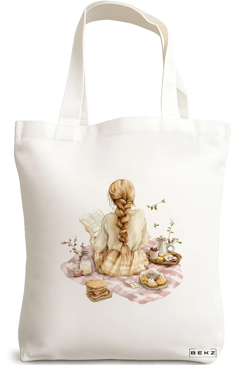 Sacosa Cumparaturi Textila, Geanta Tote, model The bookie girl 11 38 x 34.5 cm, Alb, BEKZ®