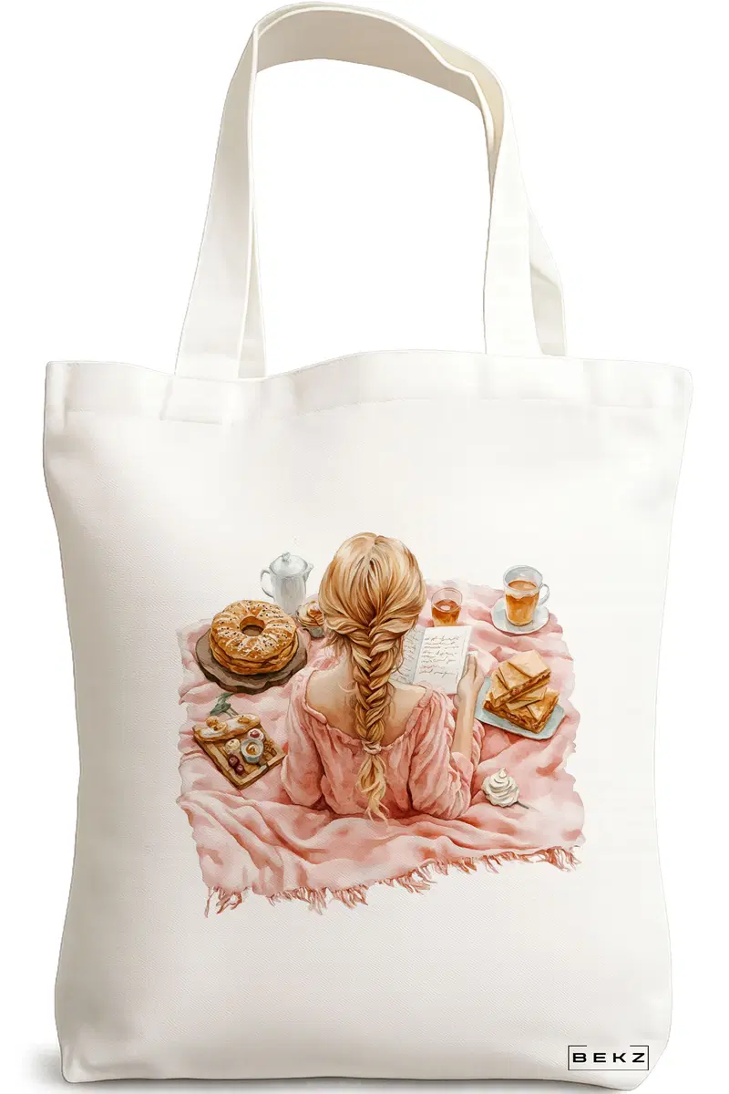 Sacosa Cumparaturi Textila, Geanta Tote, model The bookie girl 12 38 x 34.5 cm, Alb, BEKZ®