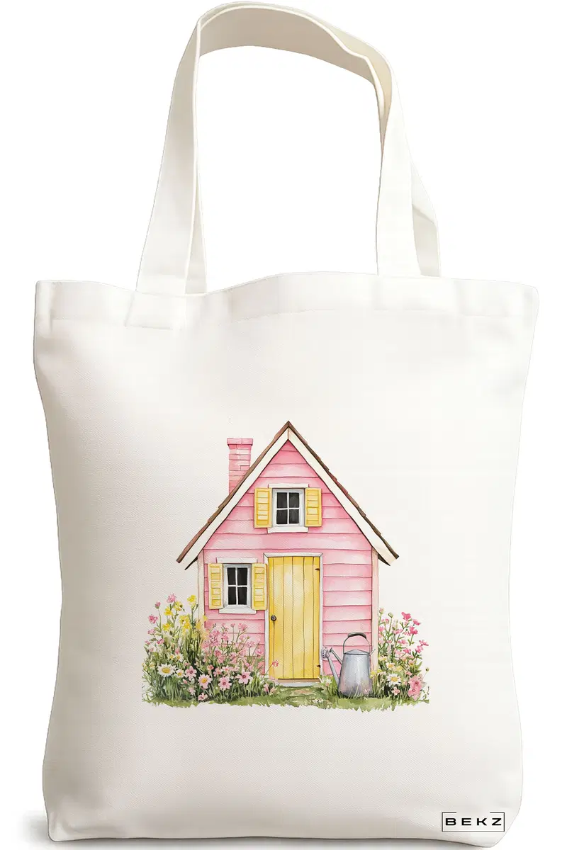 Sacosa Cumparaturi Textila, Geanta Tote, model The pink house 38 x 34.5 cm, Alb, BEKZ®