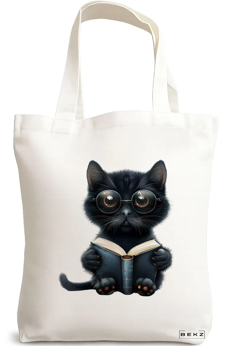 Sacosa Cumparaturi Textila, Geanta Tote, model Reading cat 8 38 x 34.5 cm, Alb, BEKZ®